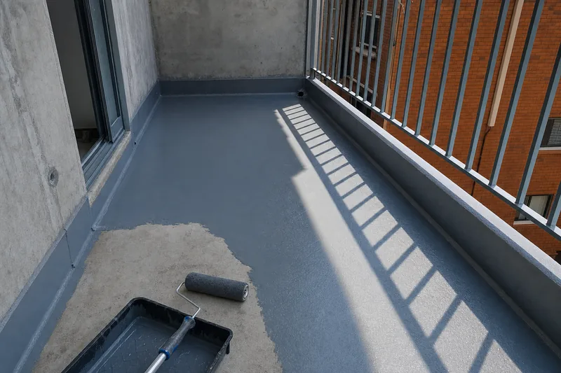 Grey liquid waterproofing membrane rolled across a stripped concrete balcony slab with a wet leading edge, dressed up the wall upstand and the balustrade, bare slab still exposed in the foreground — illustrative example