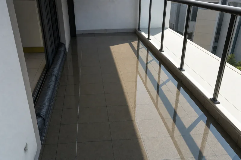 A flood test on a tiled apartment balcony, the doorway dammed with a temporary bund and the floor standing under still water reflecting the balustrade — illustrative example