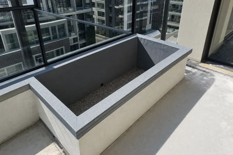 A rendered concrete planter box on an apartment terrace, emptied of soil, waterproofing membrane dressed up the inside faces and folded over the lip with drainage gravel and a weep outlet at the base — illustrative example