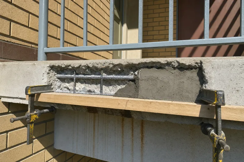 A broken-out patch in a concrete balcony slab edge exposing reinforcement cleaned back to bright steel, repair mortar part-placed behind a clamped timber former, rust staining streaking the soffit below — illustrative example