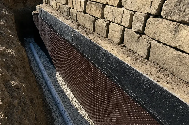 Black bituminous tanking and a dimpled drainage sheet on the back face of a block retaining wall, agricultural pipe in washed gravel in the open trench, an older squared sandstone wall stepping up behind — illustrative example
