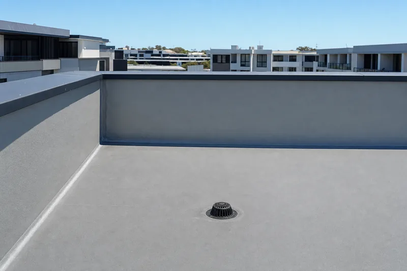 A pale grey trafficable membrane roof deck turned up a rendered parapet and terminated under metal capping, with a domed roof drain outlet set in the deck — illustrative example