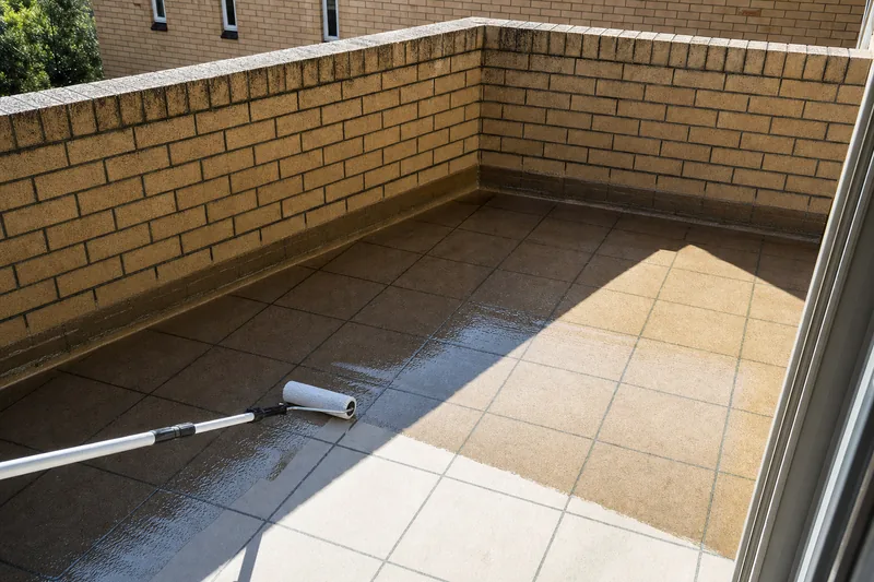A clear waterproof coating rolled over an existing tiled balcony floor with the tiles left in place, the wet leading edge cutting across the grout lines, a blond-brick balustrade wall beyond — illustrative example