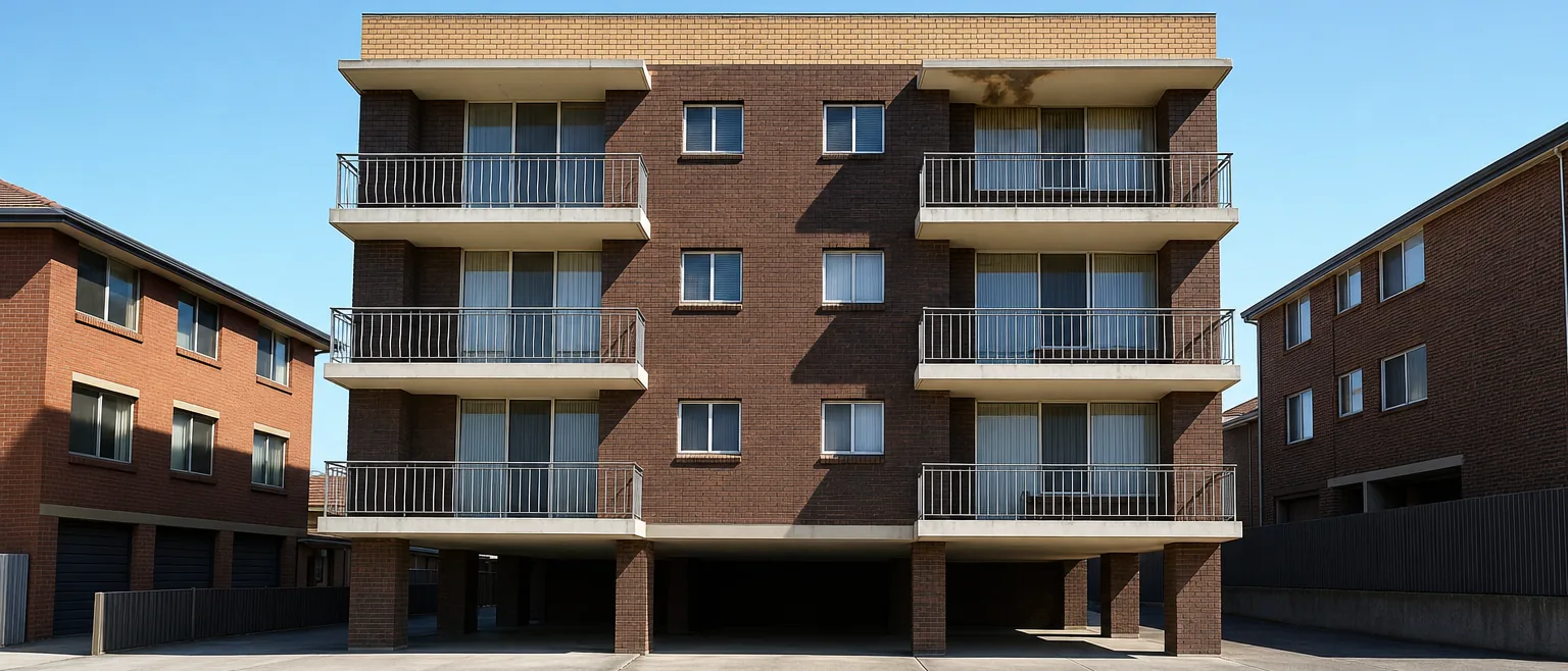 Stacked concrete balconies with painted soffits on a four-storey liver-brick walk-up apartment block, a dark damp stain spreading across one soffit, empty undercroft parking behind a concrete driveway crossover — illustrative example