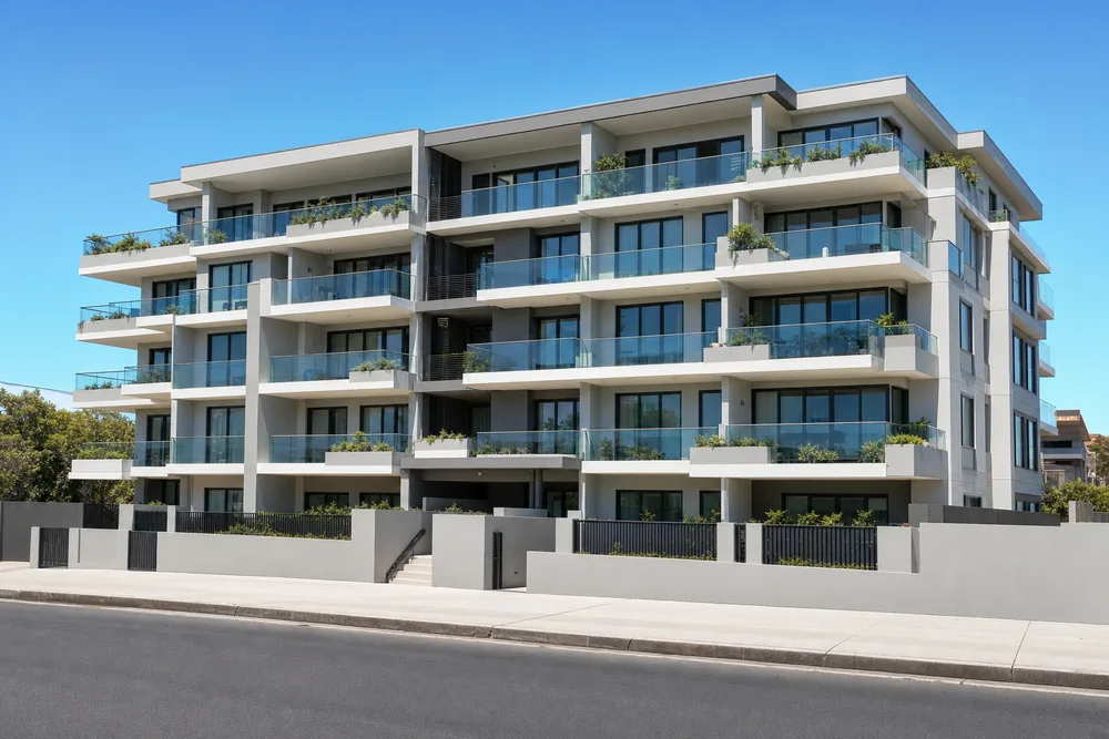 A five-storey rendered apartment building with glass balustrades and planter boxes built into the balcony slab edges, seen from a finished street with concrete footpath and kerb — illustrative example