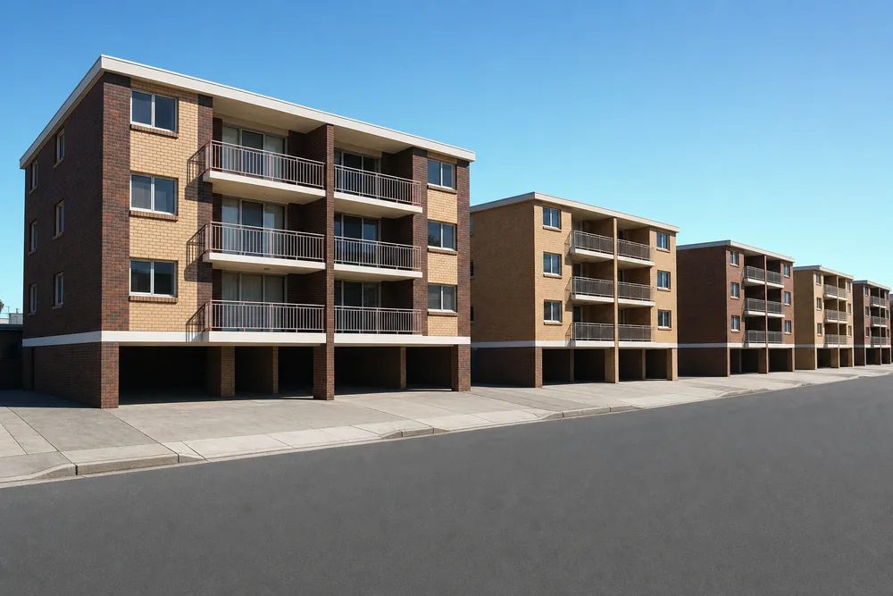 A row of three- and four-storey liver-brick and blond-brick walk-up apartment blocks receding along a street, each with empty undercroft parking behind its own concrete driveway crossover — illustrative example