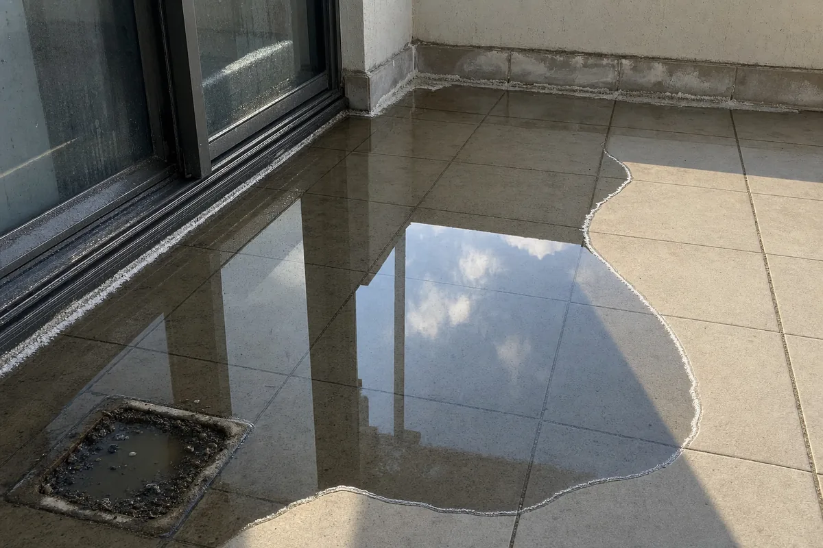 A pool of standing water held against a balcony door threshold on a tiled floor, reflecting the sky, with a grit-choked floor drain in the low corner and white efflorescence crusting along the wall junction — illustrative example